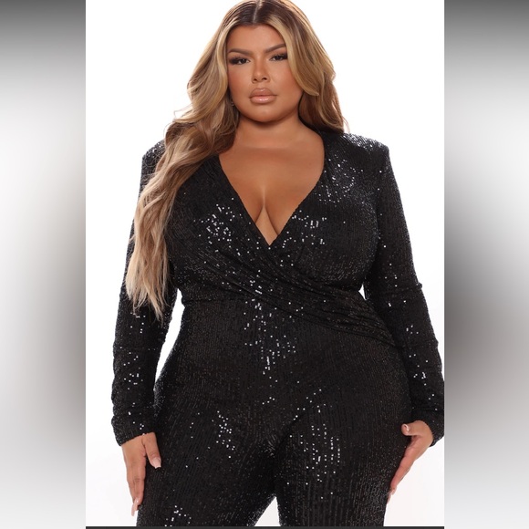 Fashion Nova Samantha Sequin Jumpsuit - Black 1X - Picture 2 of 6